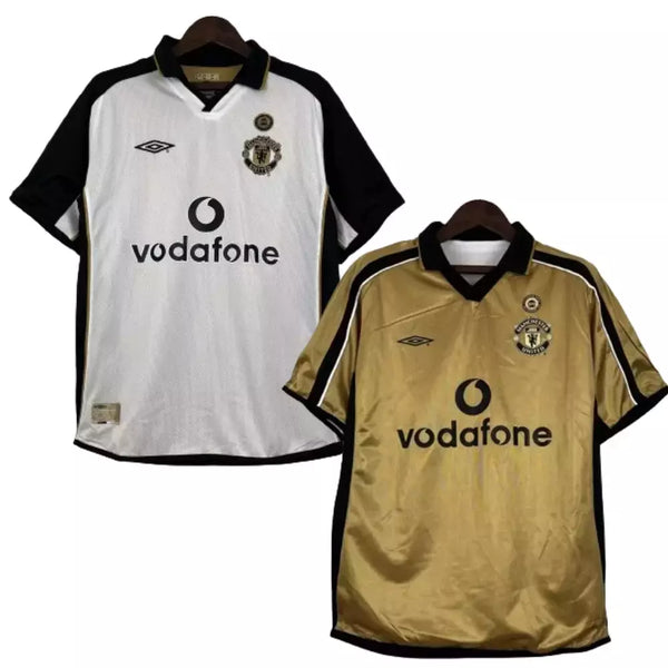 Camisa Manchester United RETRÔ DUPLA FACE 2001/02 Branca e dourada