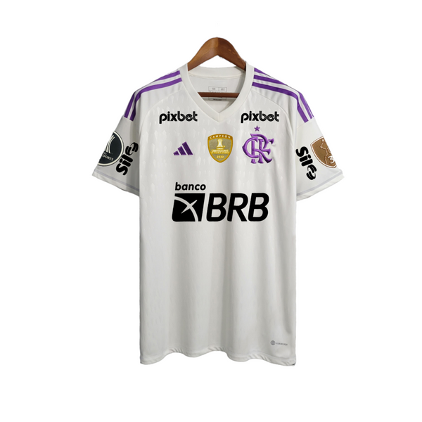 Camisa Flamengo II 23/24 Torcedor Masculina - Branco com detalhes em roxo com todos os patrocinio