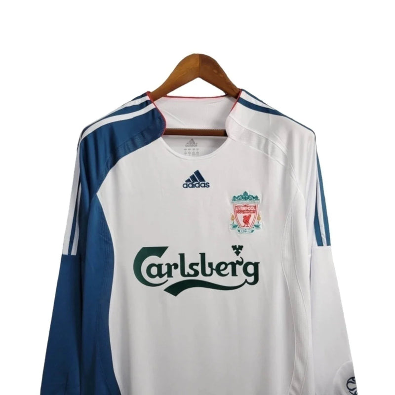 Camisa Retrô Liverpool II 2006/2007 manga longa - Masculina - Branca com detalhes em azul e com patrocínio
