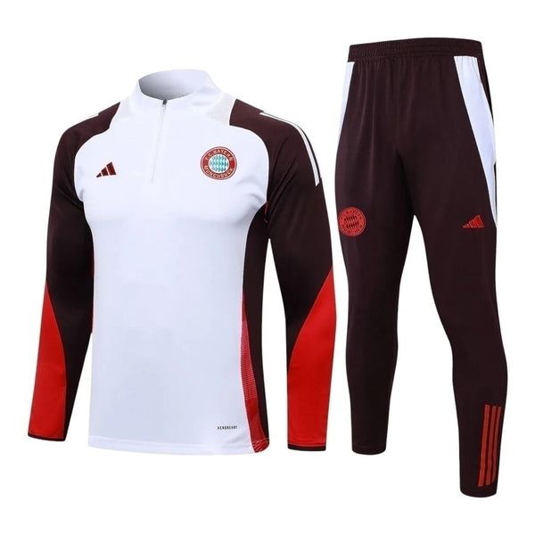 Conjunto Bayern de Munique 24/25 - Masculino - Branco e vinho com detalhes em vermelho